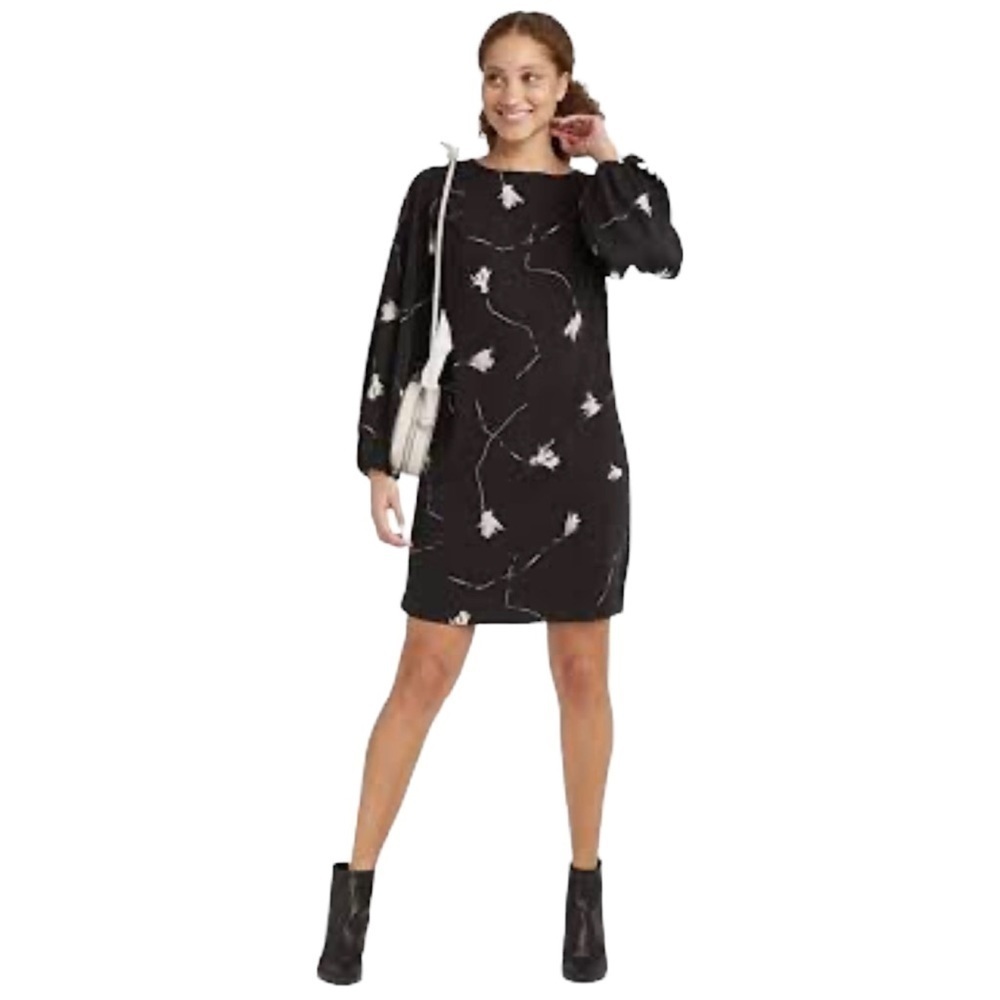 a new day Floral Long Sleeve Dress Size Small Black/Gray - Picture 2 of 5